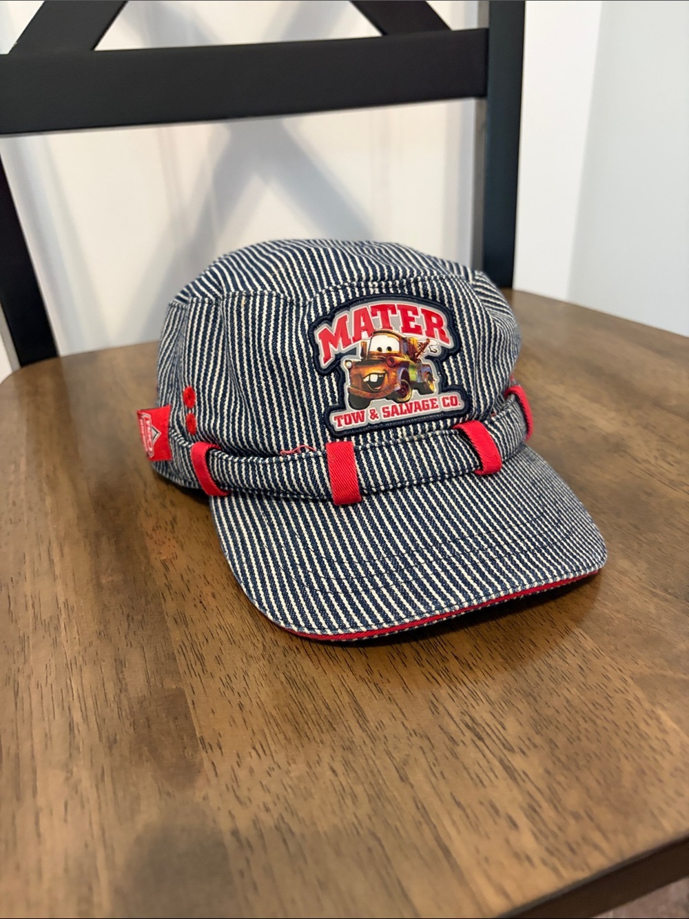Disney Kids Blue Pinstripe Mater Patch Hat with Red Trim